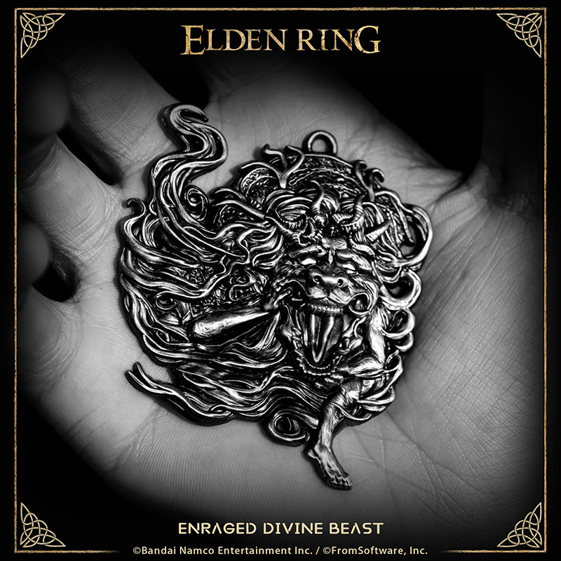 Starforged ELDEN RING Merchandise Enraged Divine Beast Amulet Pendant Officially Authorized A charm depicting the crazed, cavorting dance of the divine beast conducted at the tower festival.
Raises potency of storms.
Divine beasts are messengers of the heavens, and their rage mirrors the tumult of the skies, of which storms are the pinnacle.